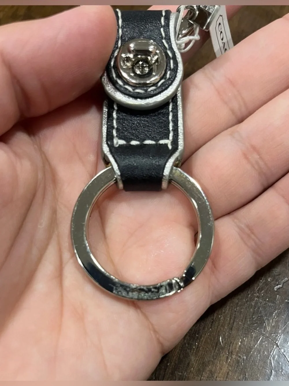Coach Men’s Black Leather Keychain with Silver Hardware